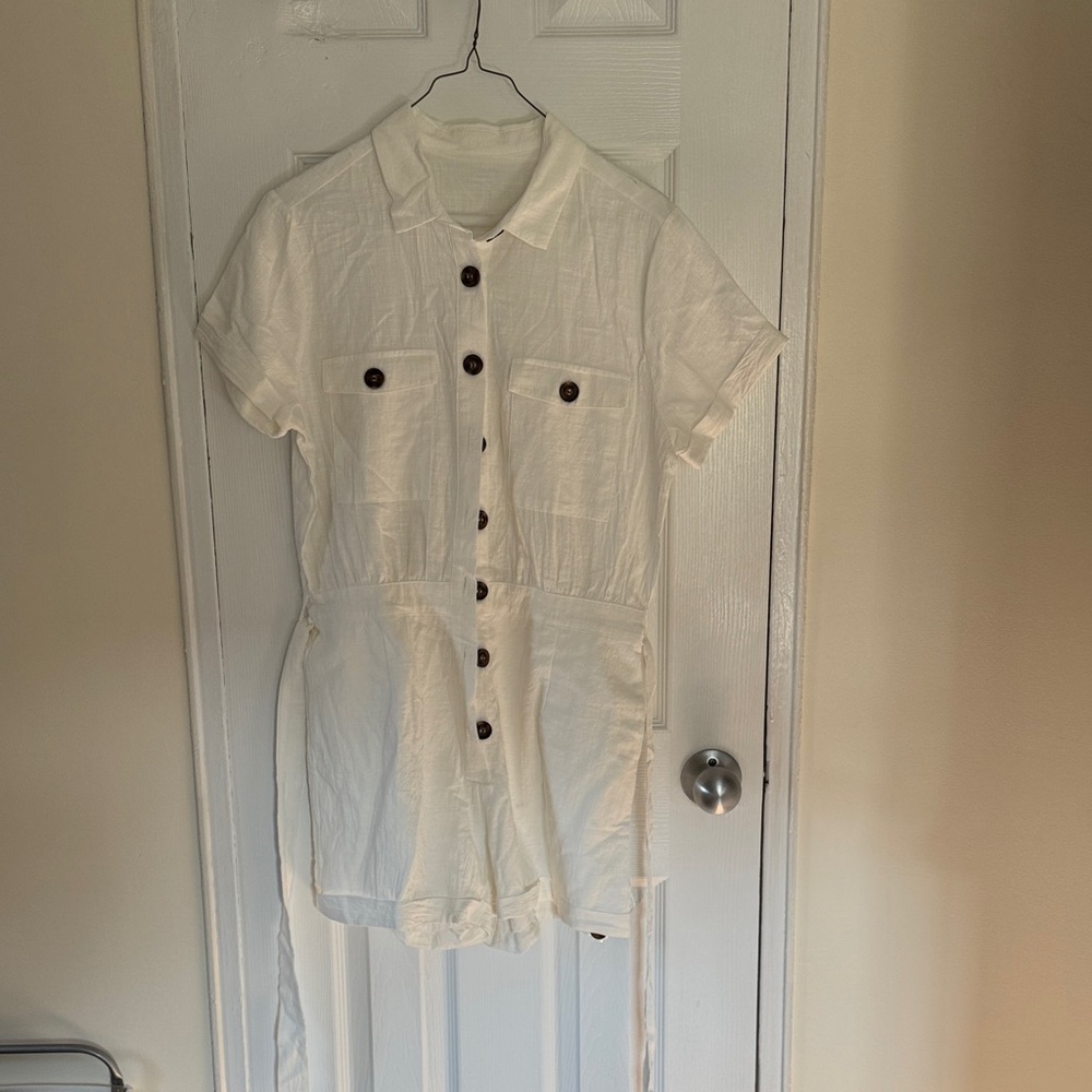 White Button-Up Short Sleeve Romper